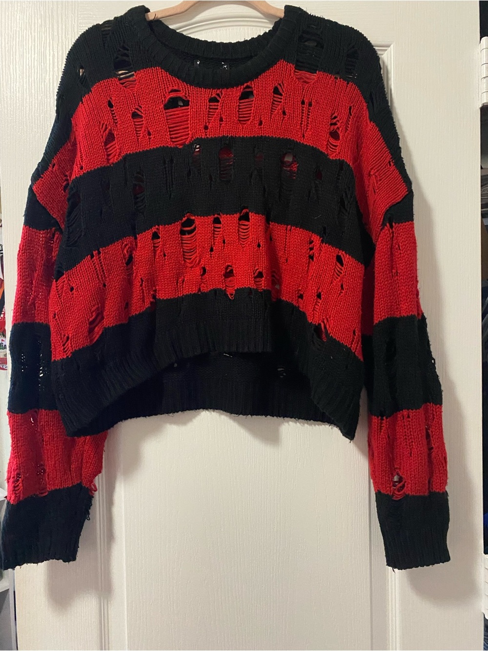 Goth Distressed Freddy Krueger Vibe Red & Black Striped Cropped Sweater - Picture 2 of 11